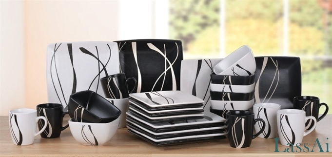 Contemporary Stoneware Black/White Dinner Set with Delicate Ribbon